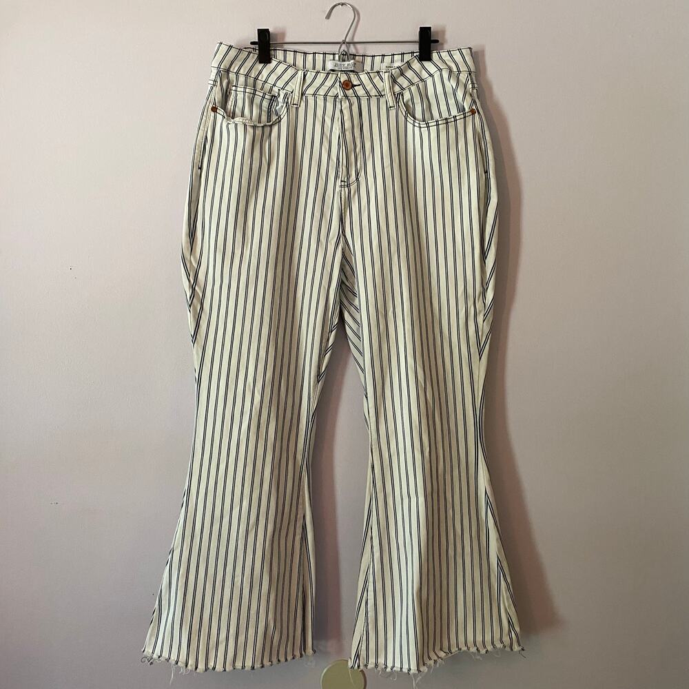 Judy Blue White Blue Pinstripe Super Flare Frayed Jeans Preppy Women's size 20W